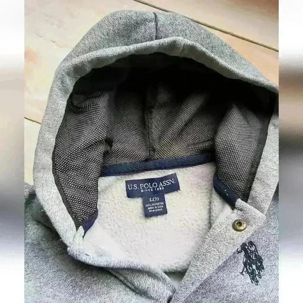 US Polo Assn Graphics Logo Button Up Varsity Jacket Coat Boys Size 7 Gray